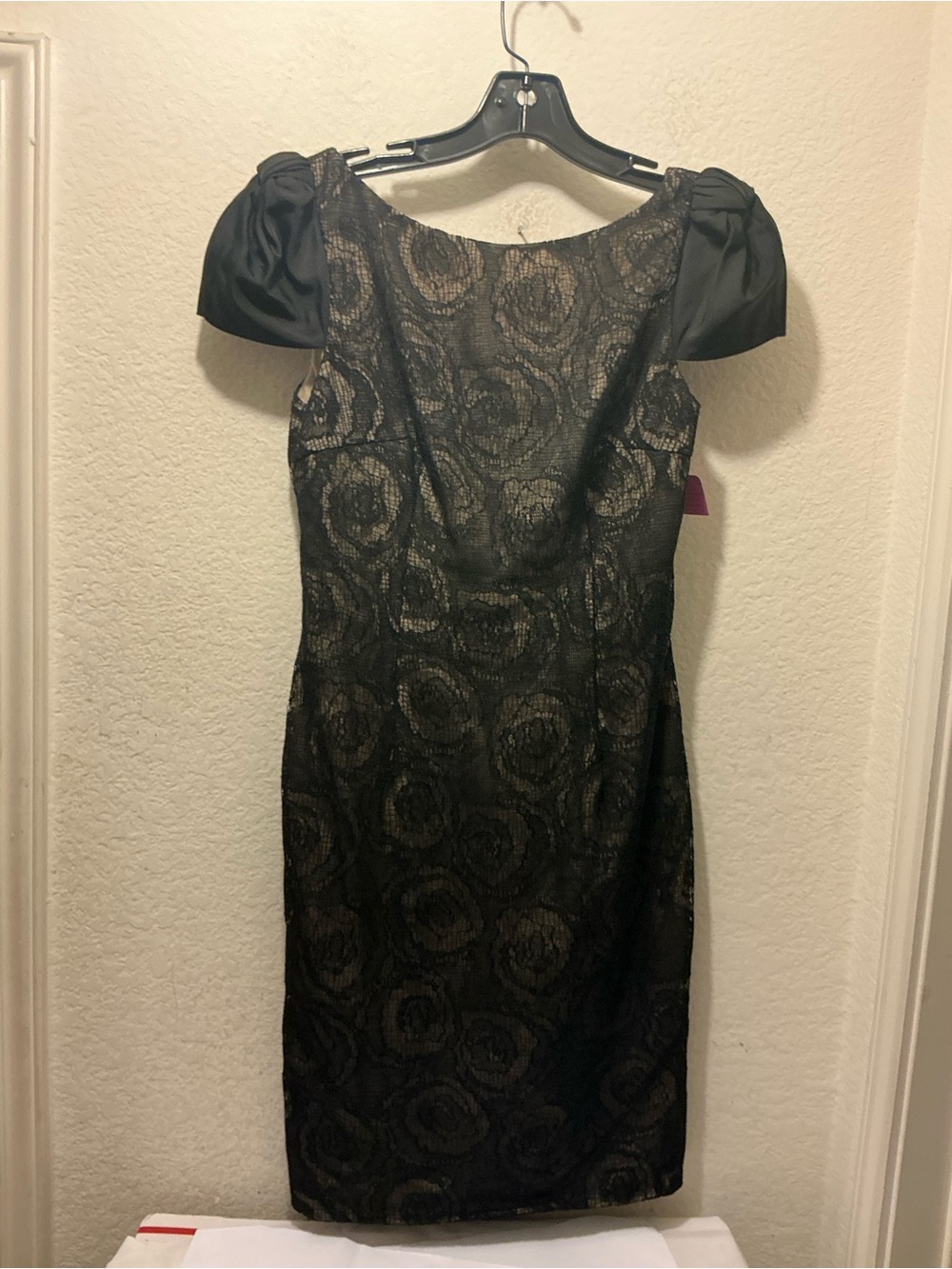 Giambattista Valli Black Lace-Overlay Midi Dress with Puff Shoulders